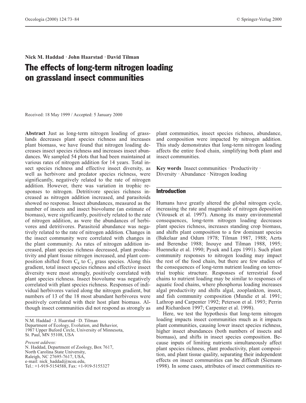 The Effects of Long-Term Nitrogen Loading on Grassland Insect Communities