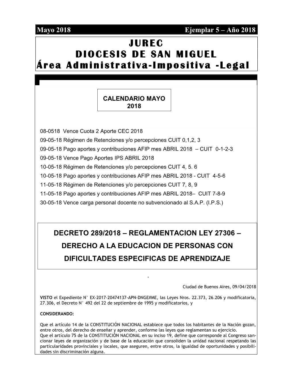 JUREC DIOCESIS DE SAN MIGUEL Área Administrativa-Impositiva -Legal