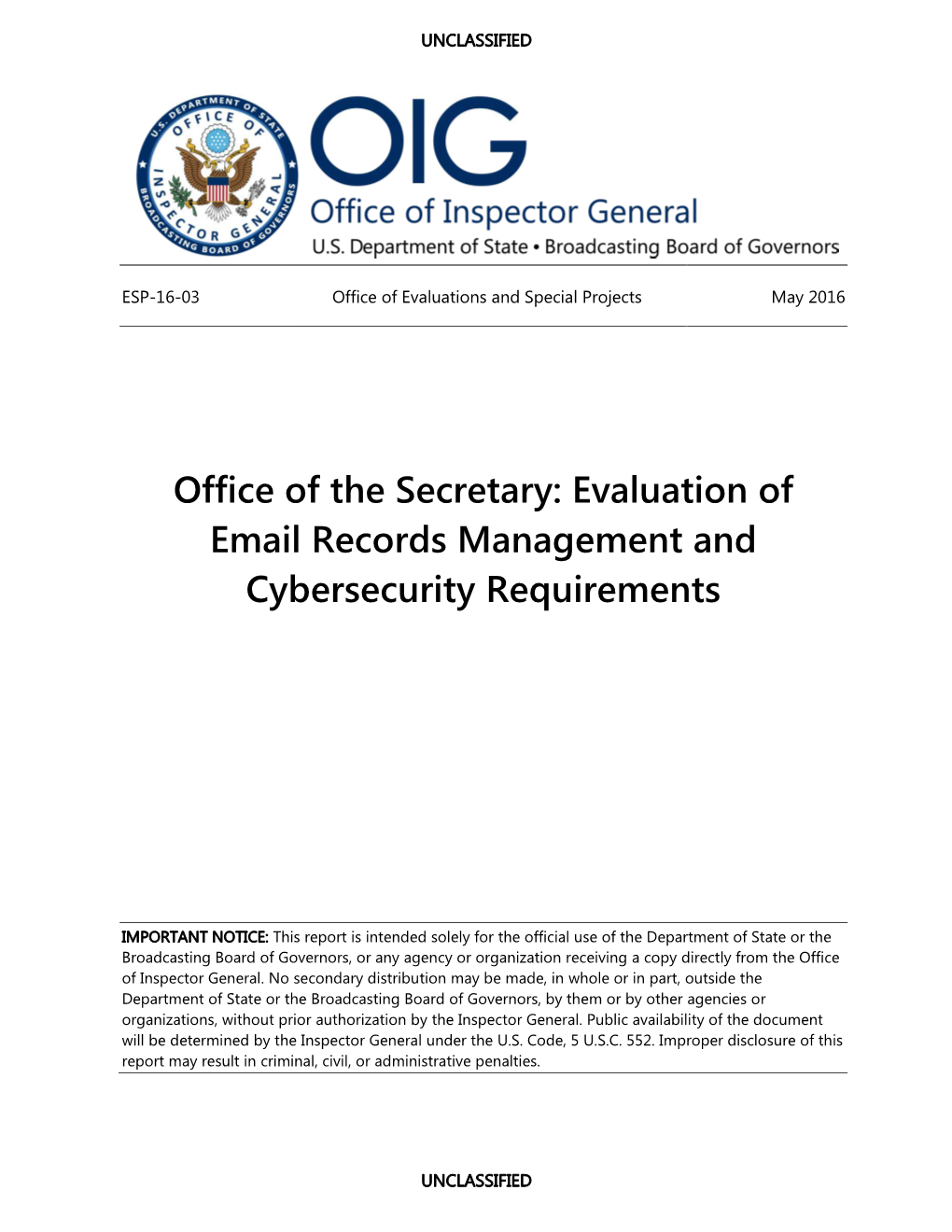 Office of the Secretary: Evaluation of Email Records Management and Cybersecurity Requirements