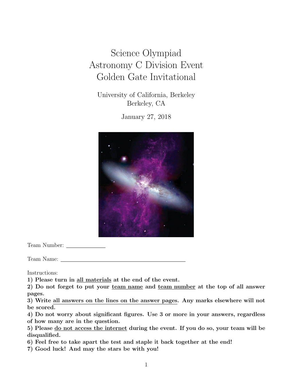 Science Olympiad Astronomy C Division Event Golden Gate Invitational
