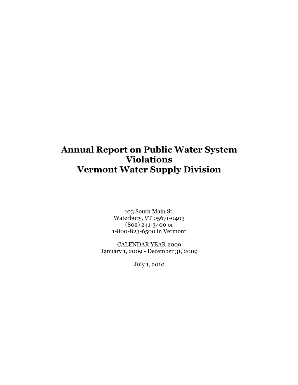 Annual Report on Public Water System Violations Vermont Water Supply Division