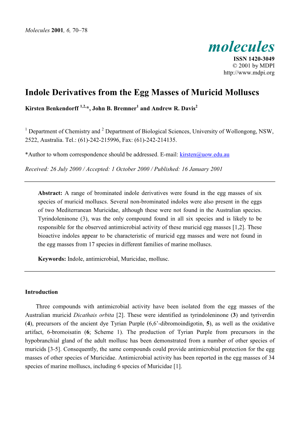 Indole Derivatives from the Egg Masses of Muricid Molluscs