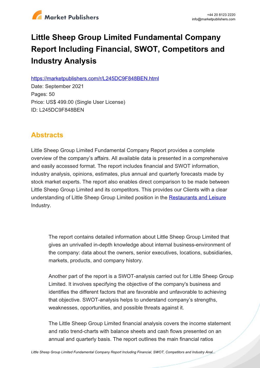 Little Sheep Group Limited Fundamental Company Report