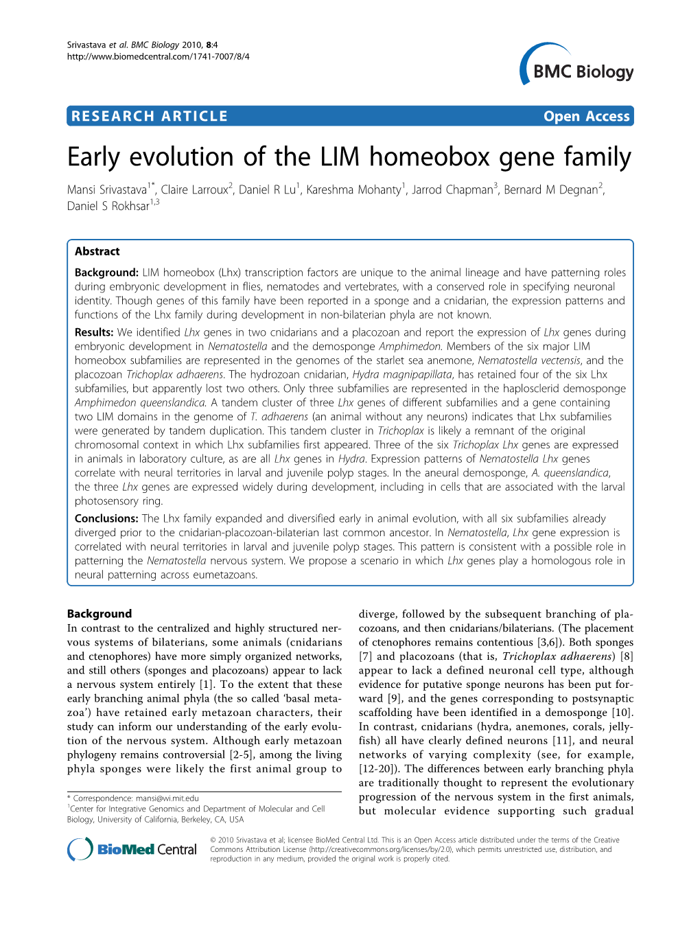 Early Evolution of the LIM Homeobox Gene Family