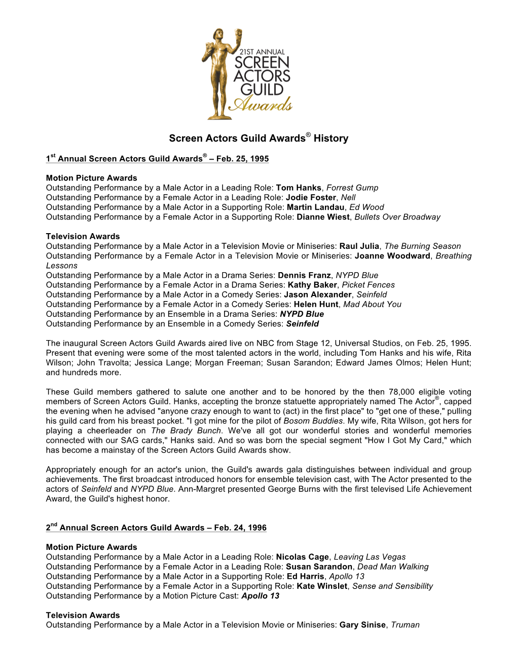 Screen Actors Guild Awards® History