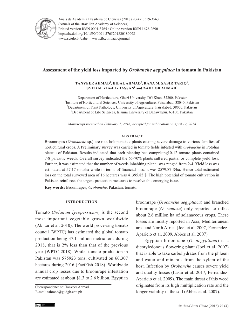 Assessment of the Yield Loss Imparted by Orobanche Aegyptiaca in Tomato in Pakistan