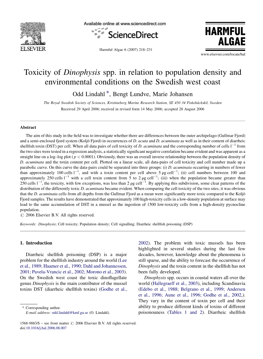 Toxicity of Dinophysis Spp. in Relation to Population Density And