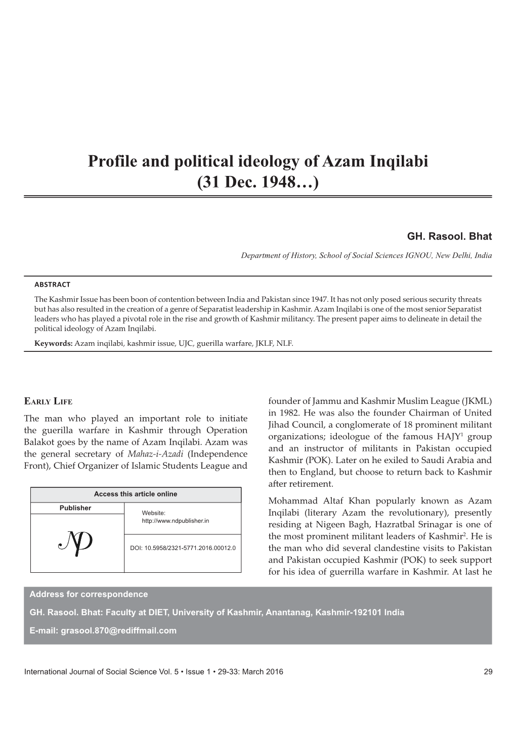 Profile and Political Ideology of Azam Inqilabi (31 Dec
