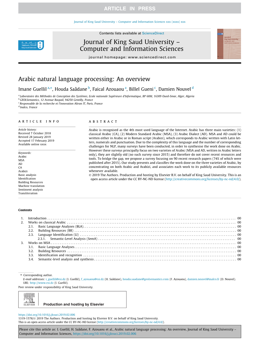 Arabic Natural Language Processing: an Overview