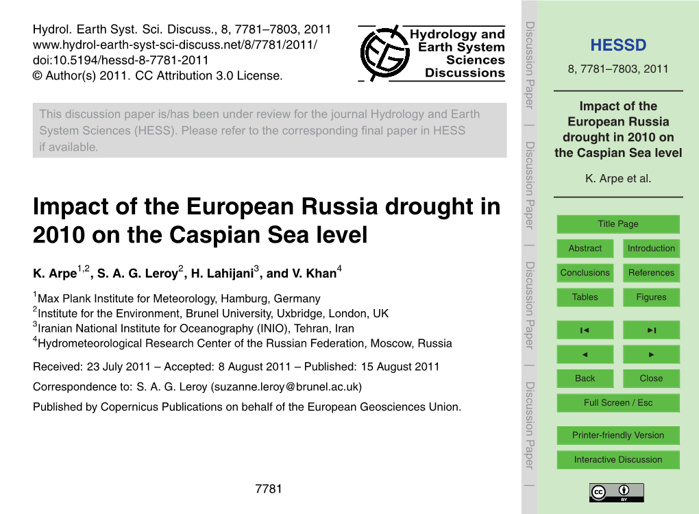 Impact of the European Russia Drought in 2010 on the Caspian Sea Level Title Page Abstract Introduction