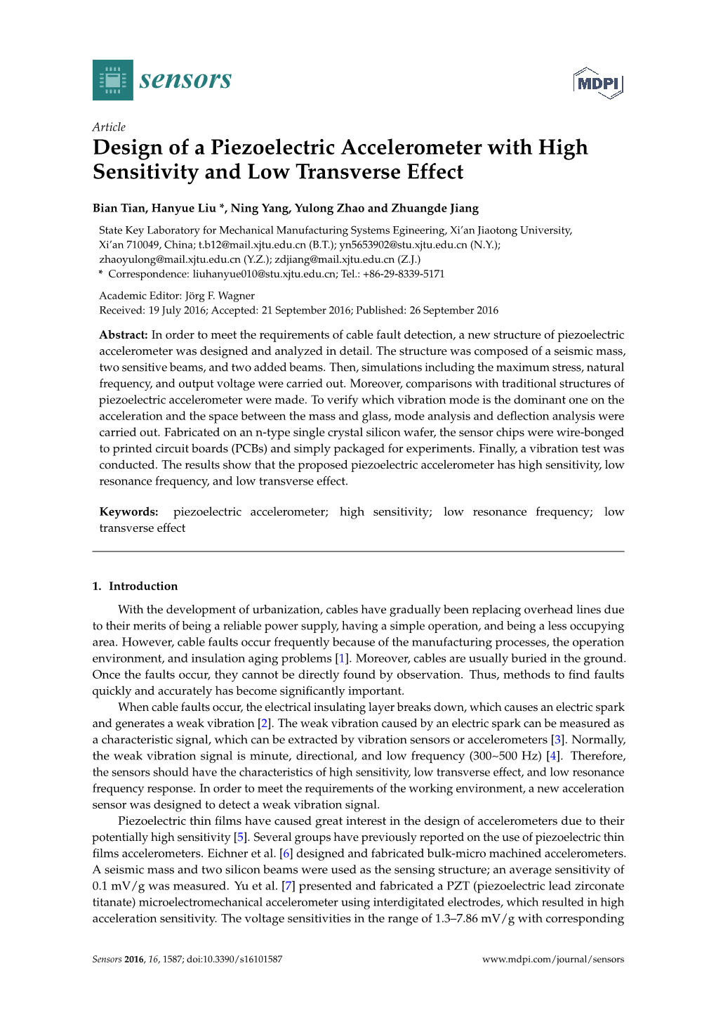Design of a Piezoelectric Accelerometer with High Sensitivity and Low Transverse Effect