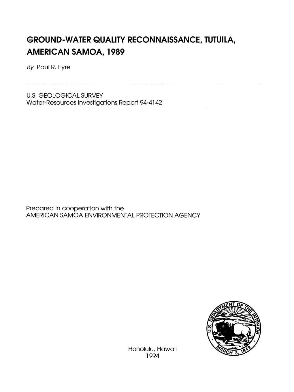 Ground-Water Quality Reconnaissance, Tutuila, American Samoa, 1989