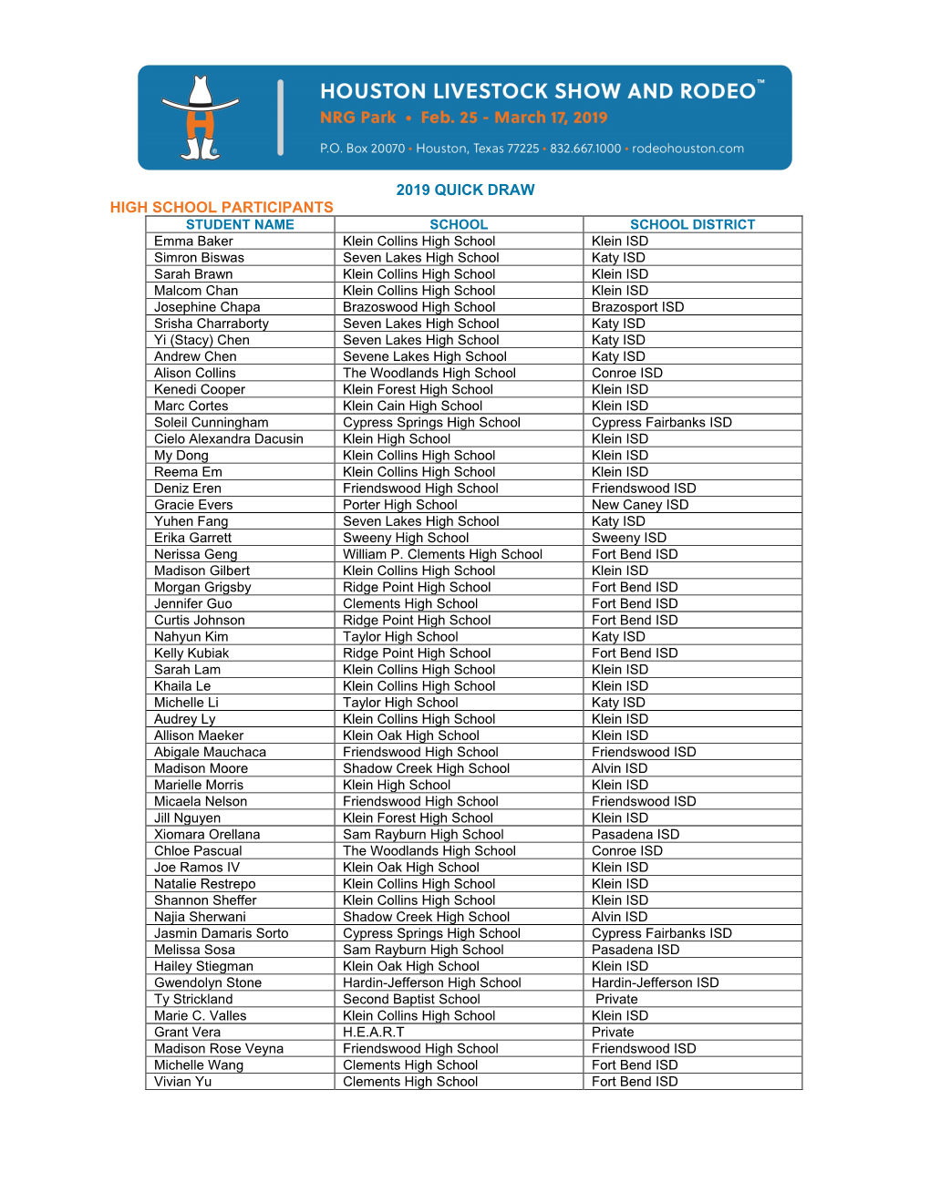 2019 Quick Draw High School Participants