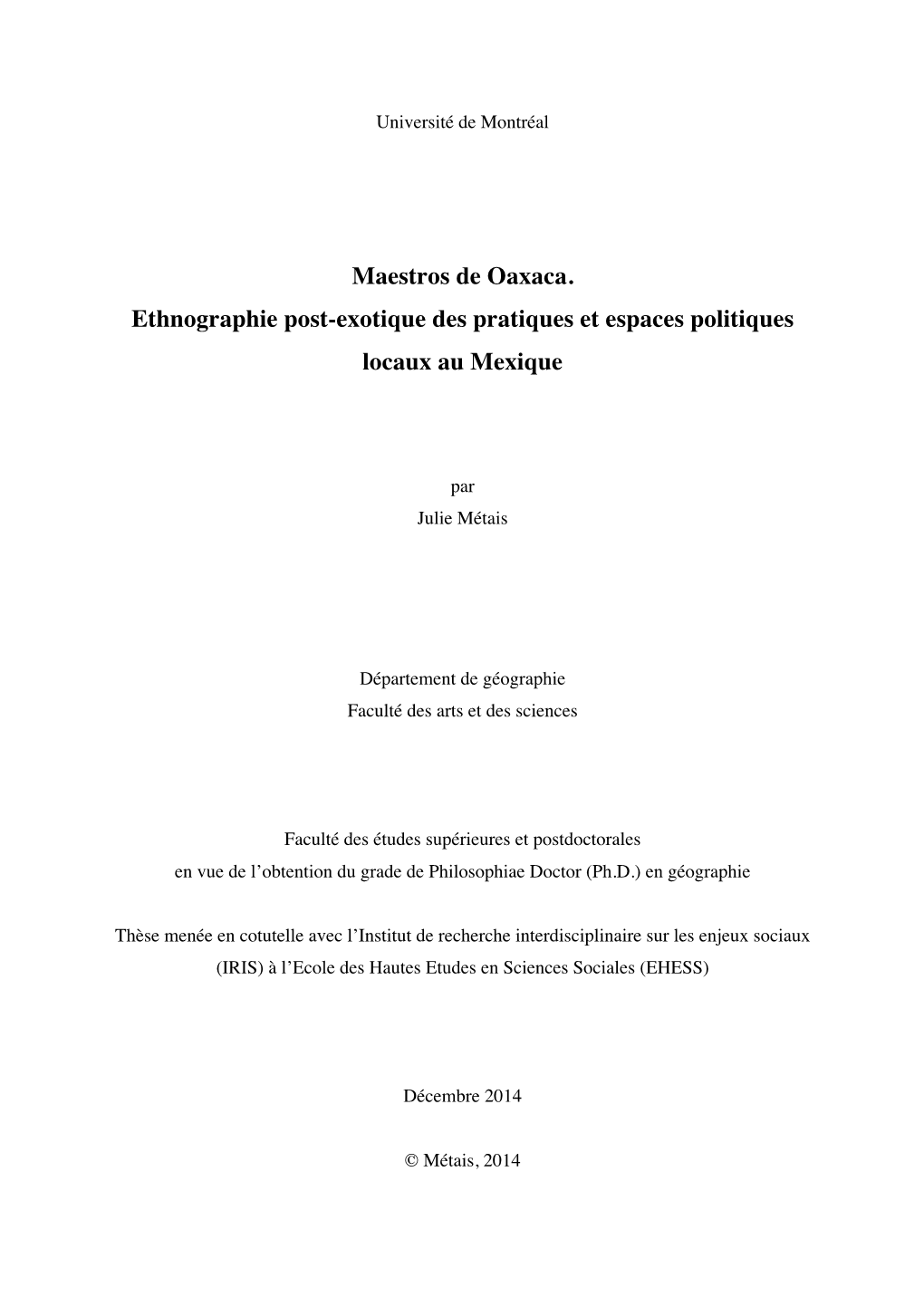 Maestros De Oaxaca. Ethnographie Post-Exotique Des Pratiques Et Espaces Politiques Locaux Au Mexique