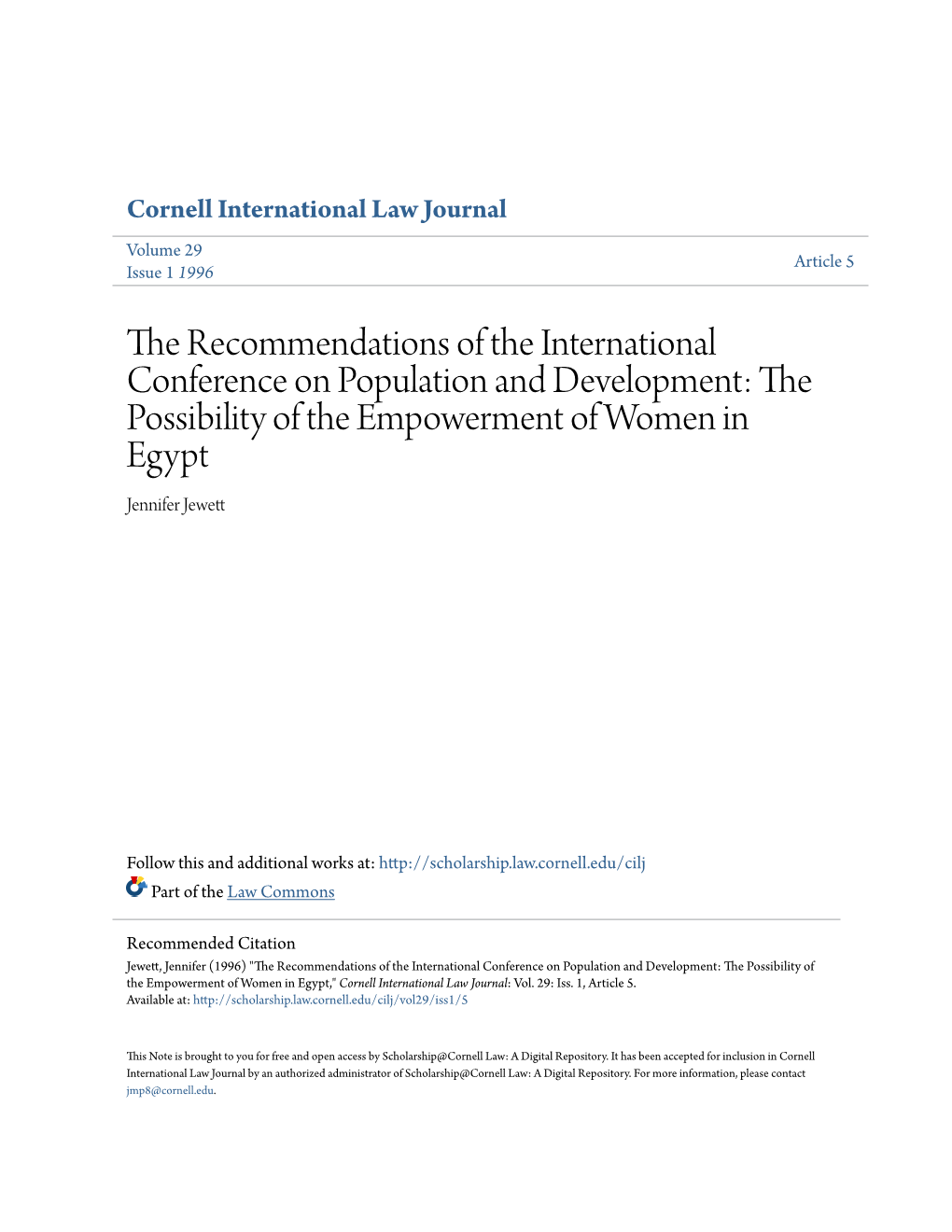 The Recommendations of the International Conference on Population and Development: the Possibility of the Empowerment of Women in Egypt Jennifer Jewett