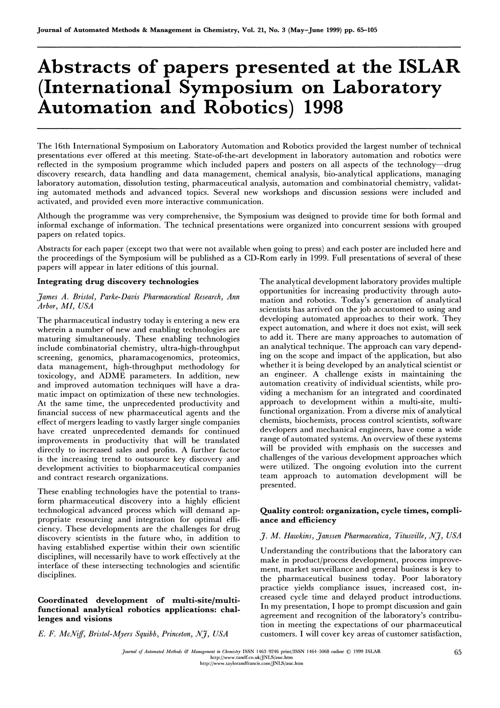 (International Symposium on Laboratory Automation and Robotics) 1998
