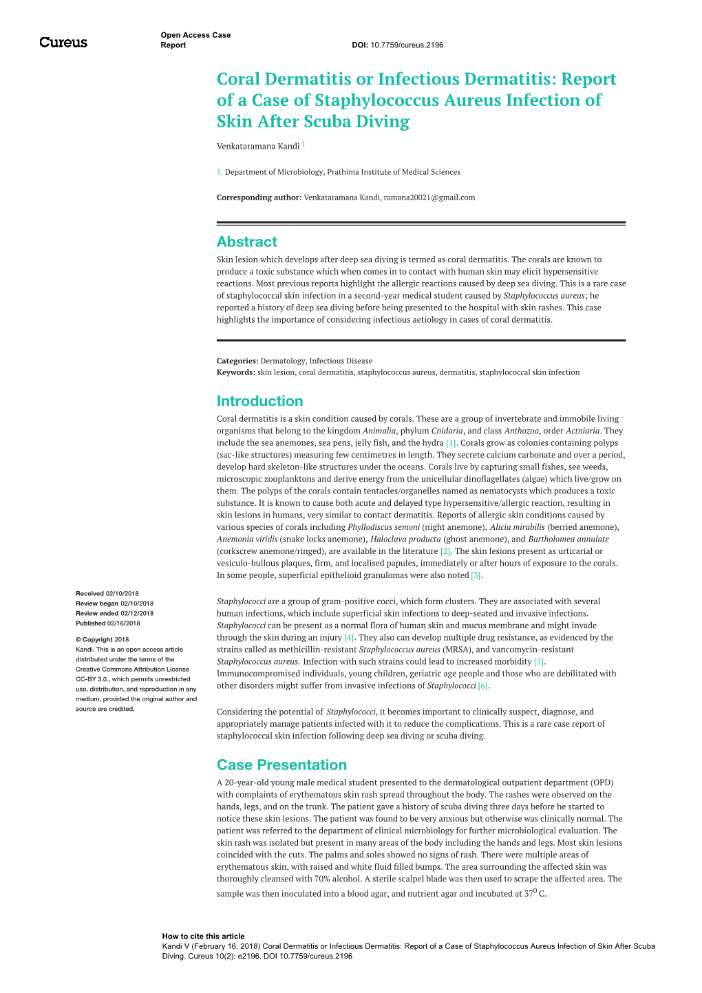 Report of a Case of Staphylococcus Aureus Infection of Skin After Scuba Diving