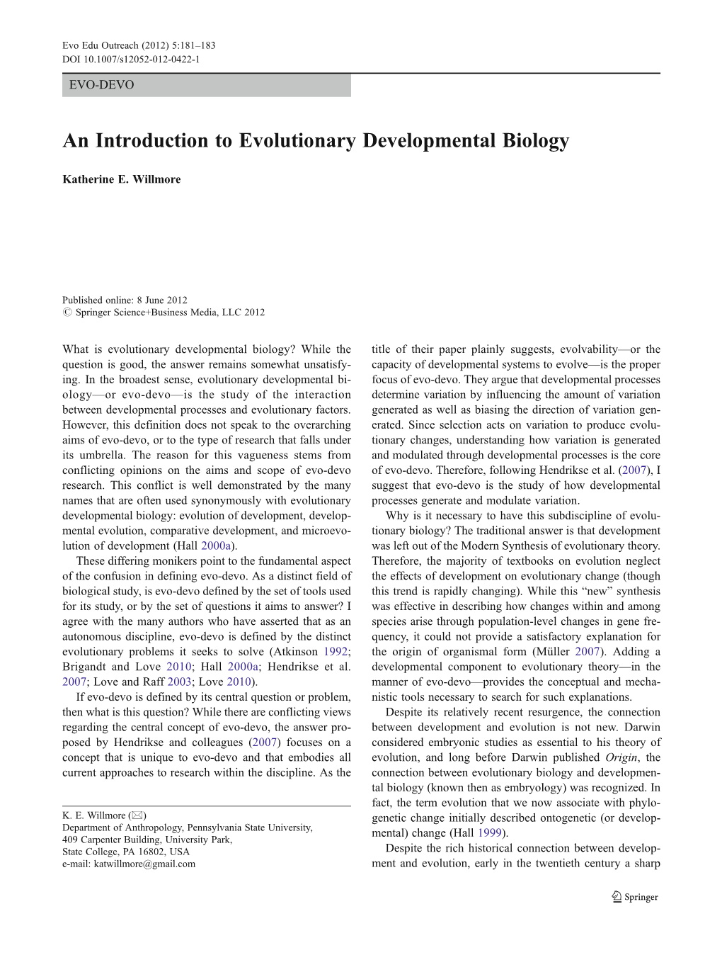 An Introduction to Evolutionary Developmental Biology