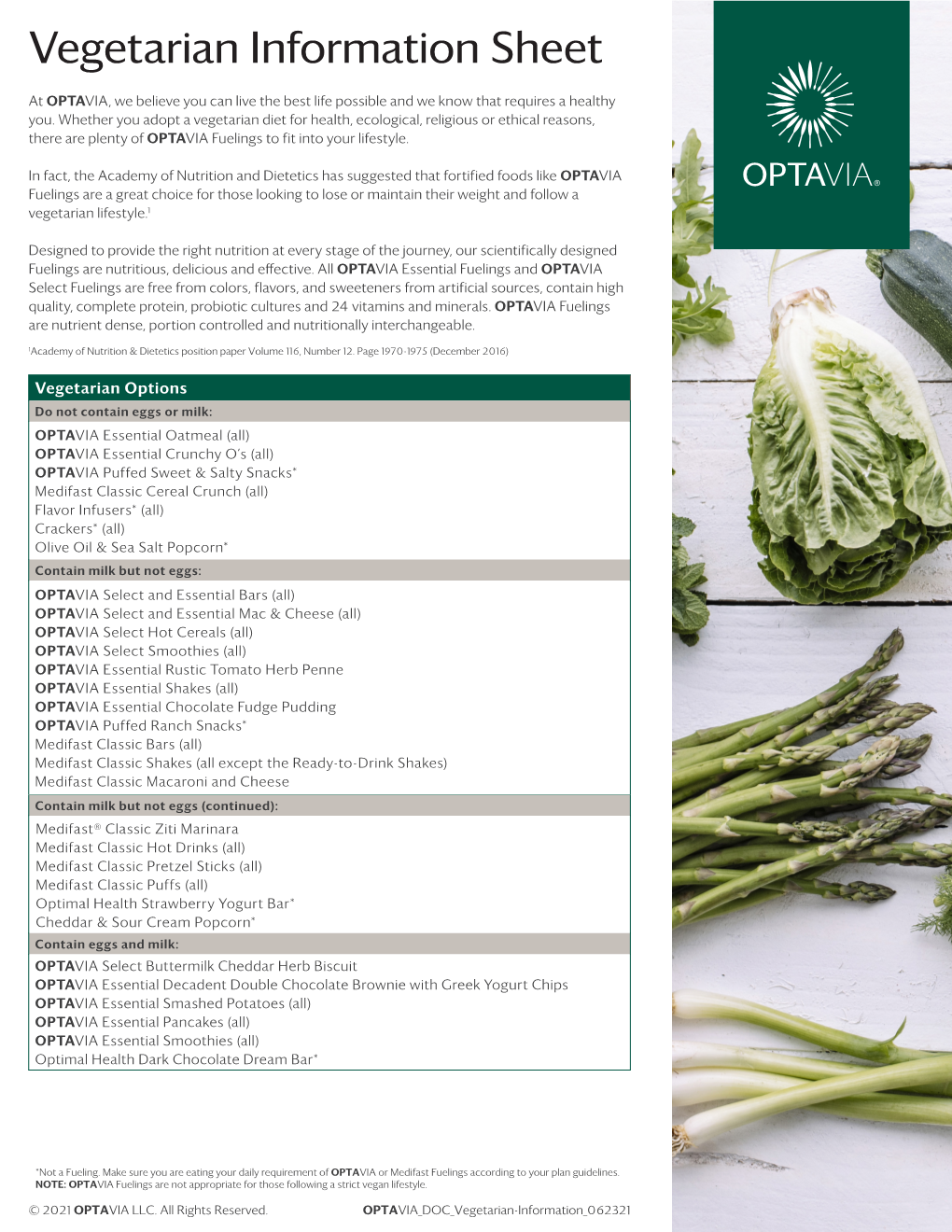 OPTAVIA® Vegetarian Information Sheet