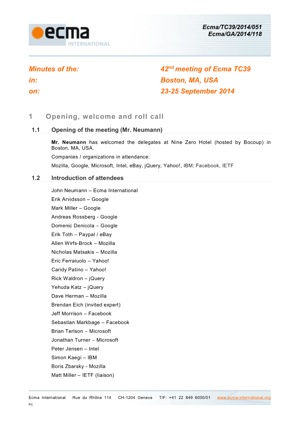 Minutes of the 42Nd Meeting of TC39, Boston, September 2014