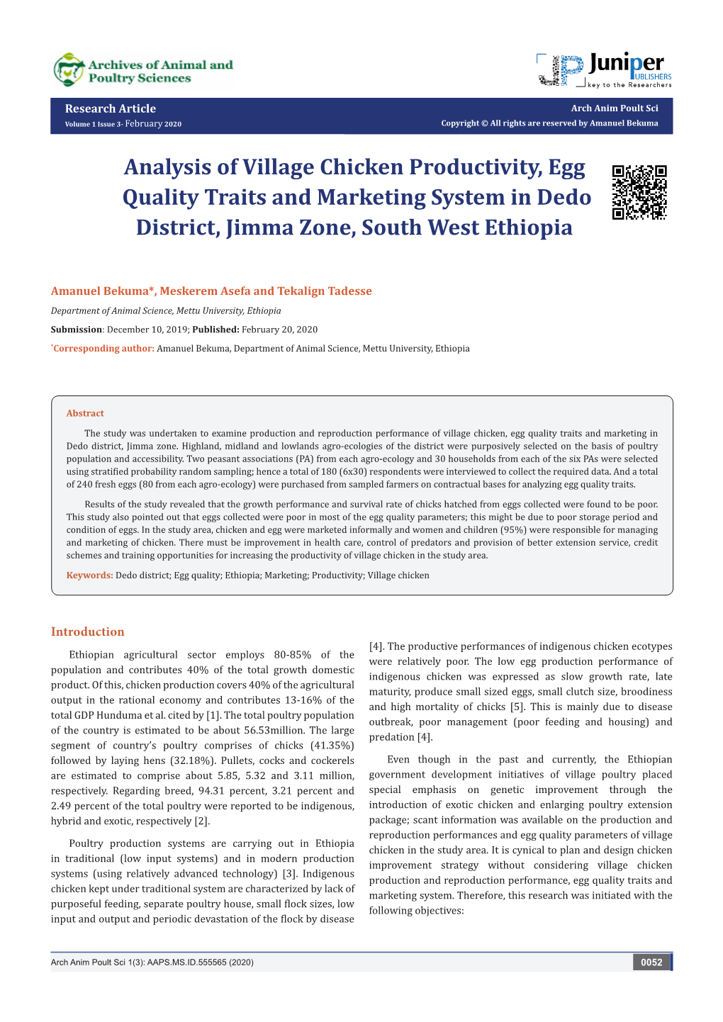Analysis of Village Chicken Productivity, Egg Quality Traits and Marketing System in Dedo District, Jimma Zone, South West Ethiopia