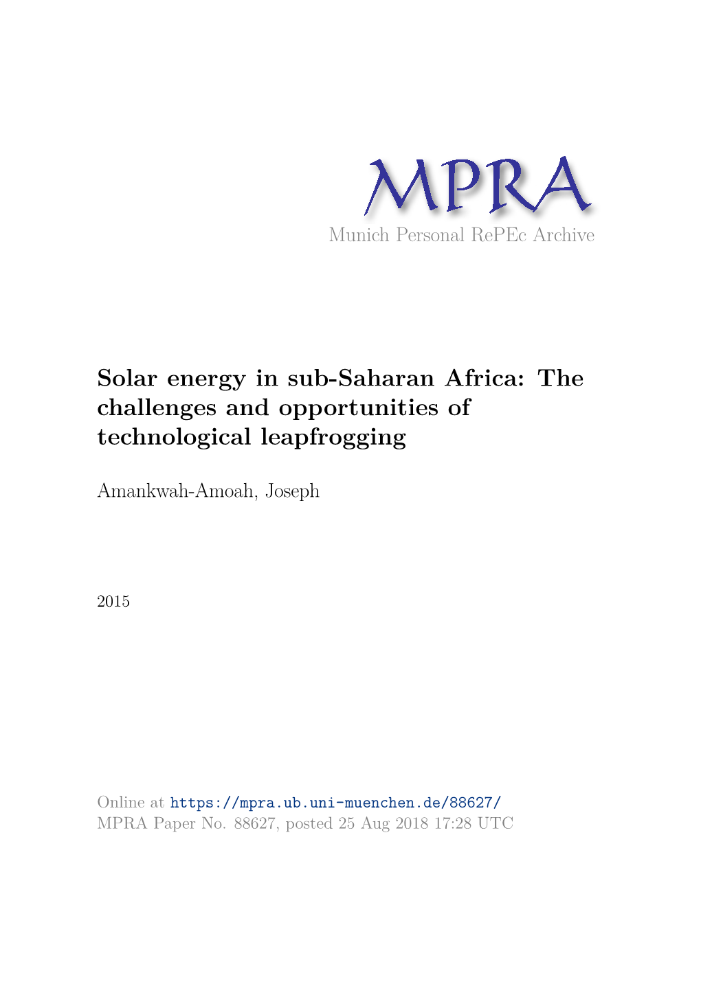 Solar Energy in Sub-Saharan Africa: the Challenges and Opportunities of Technological Leapfrogging