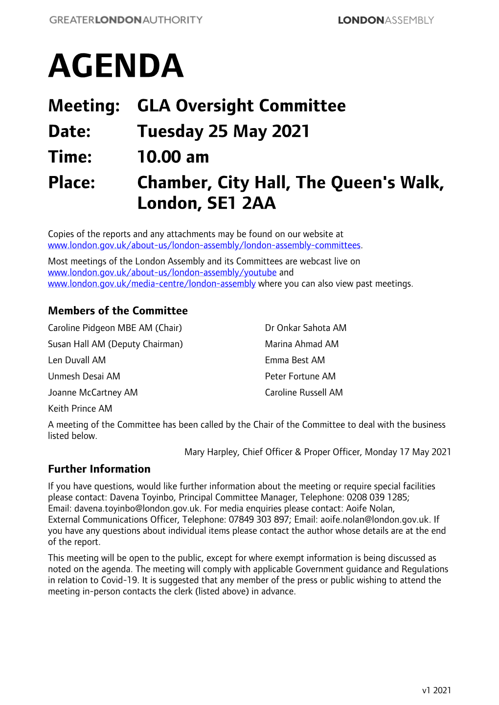 (Public Pack)Agenda Document for GLA Oversight Committee, 25/05