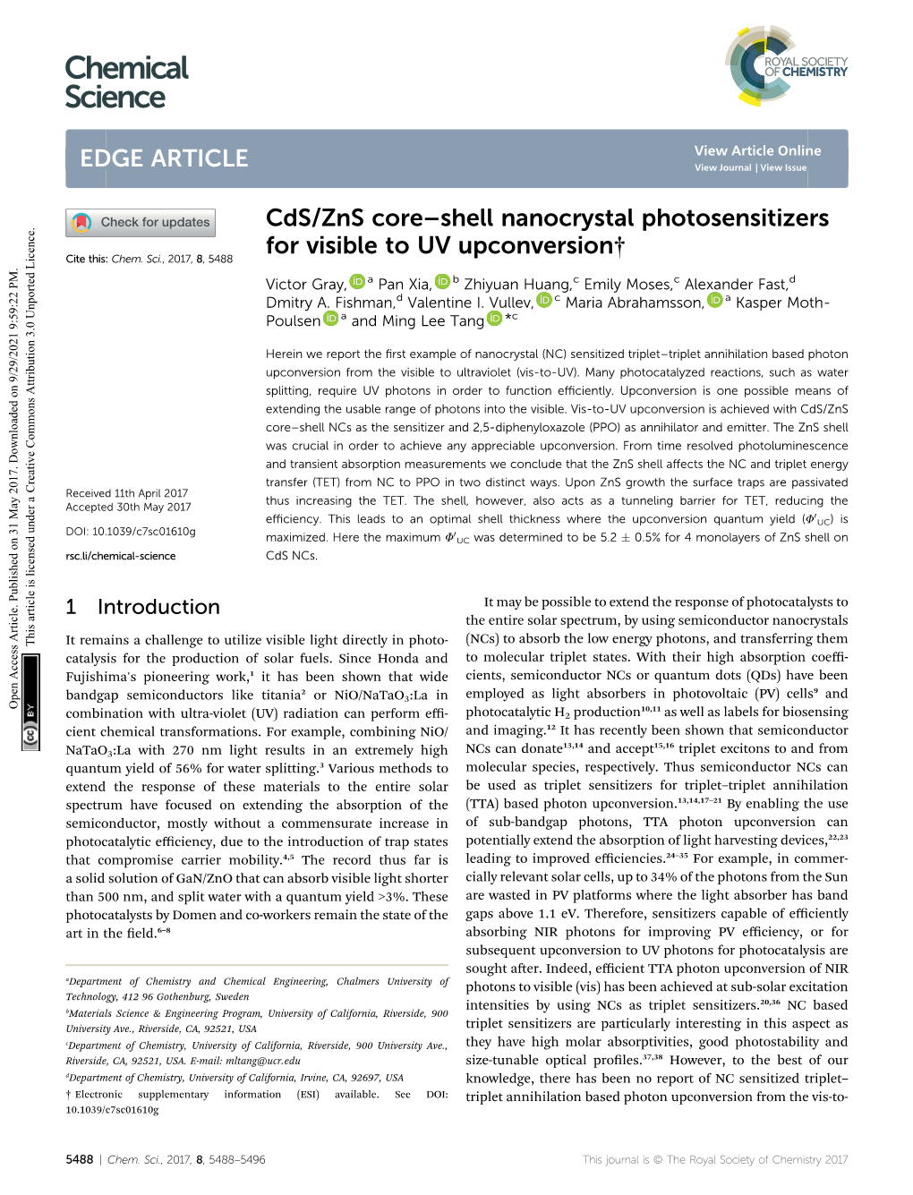 Cds/Zns Core–Shell Nanocrystal Photosensitizers for Visible to UV Upconversion† Cite This: Chem