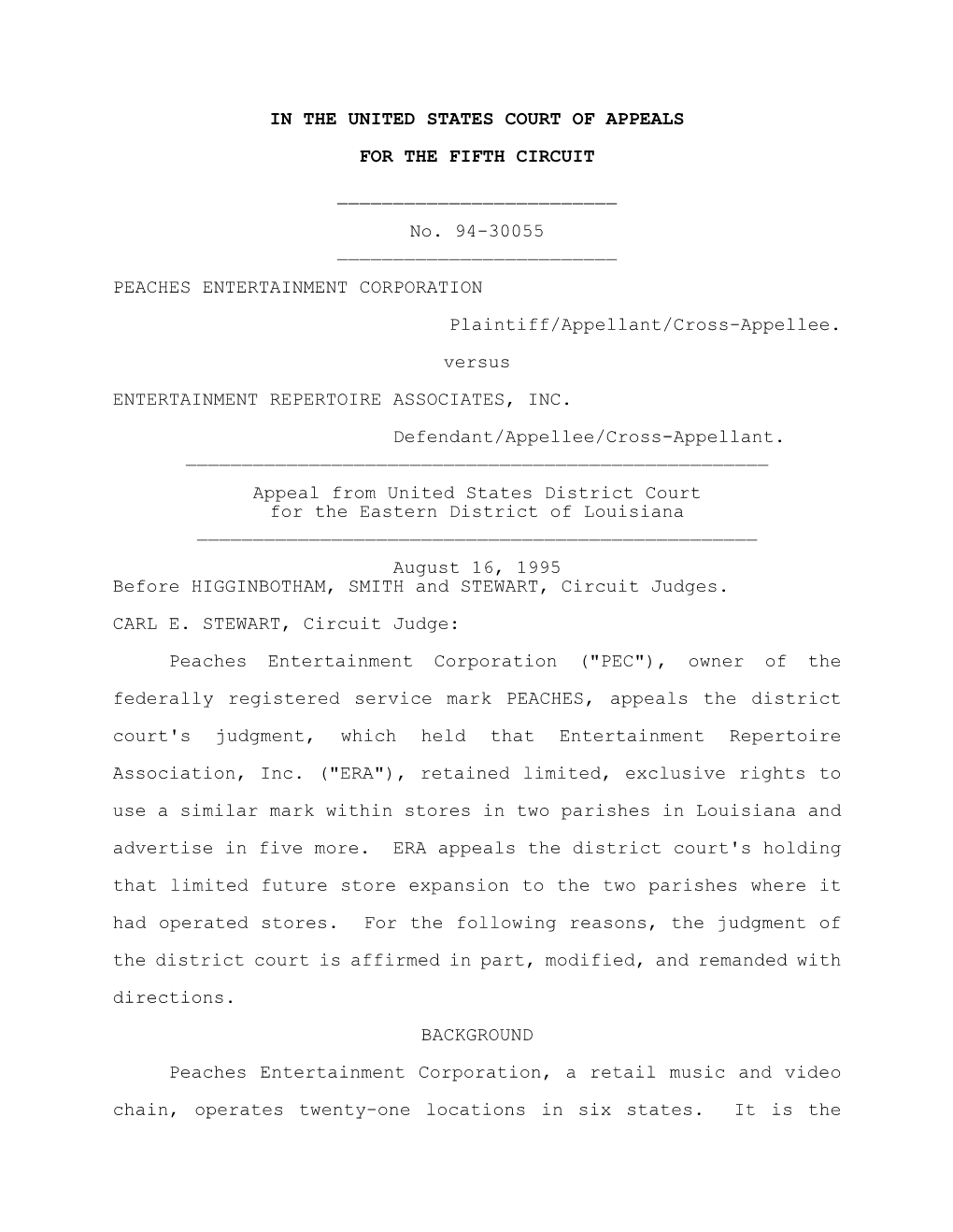 No. 94-30055 ______PEACHES ENTERTAINMENT CORPORATION Plaintiff/Appellant/Cross-Appellee