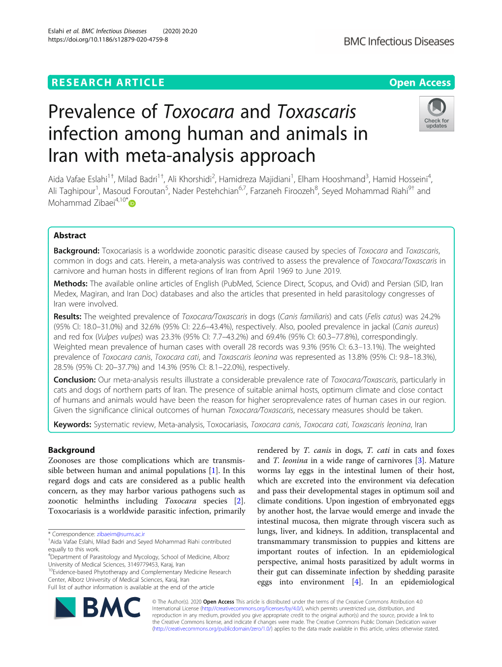 Prevalence of Toxocara and Toxascaris Infection Among Human and Animals in Iran with Meta-Analysis Approach