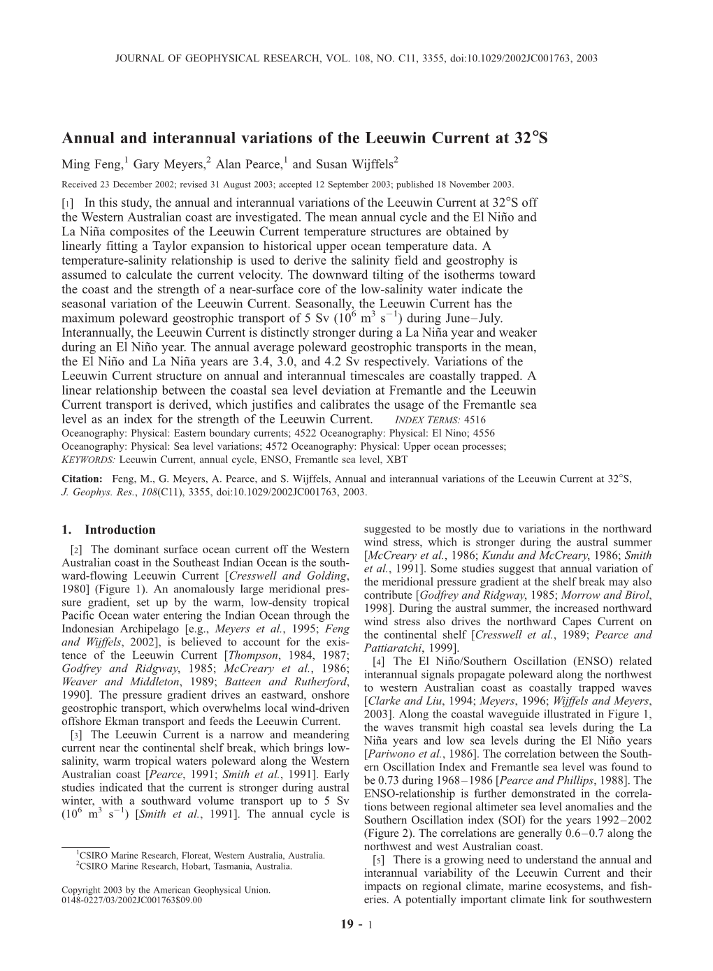 Annual and Interannual Variations of the Leeuwin Current at 32°S