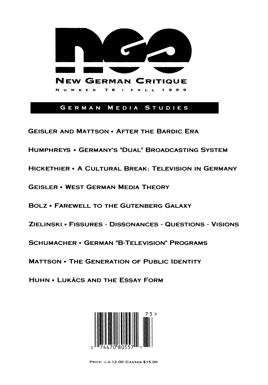 New German Critique, No. 78, Special Issue on German