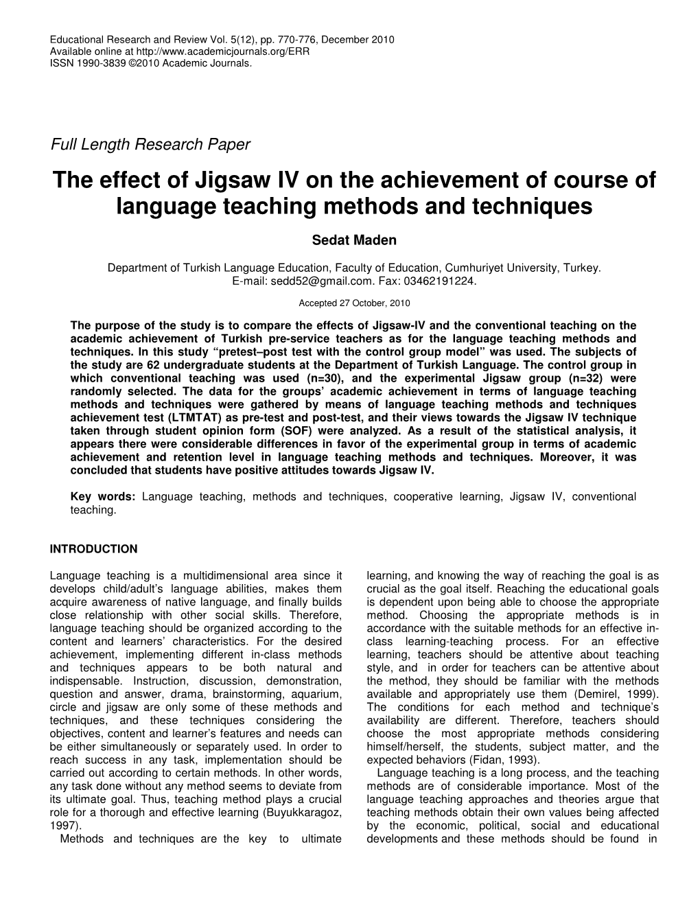 The Effect of Jigsaw IV on the Achievement of Course of Language Teaching Methods and Techniques