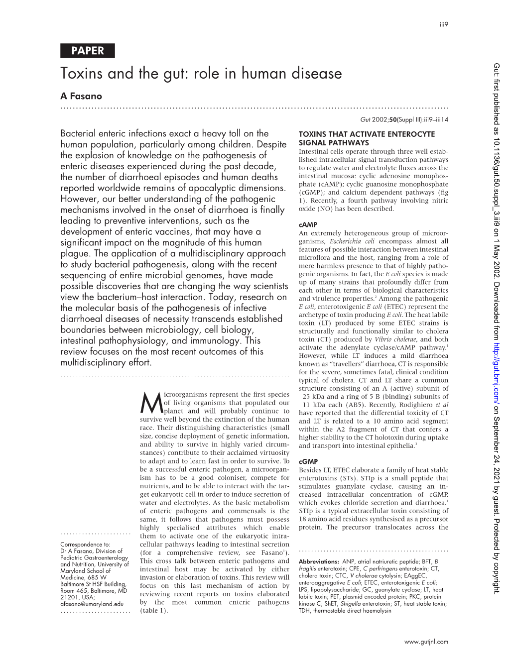 Toxins and the Gut: Role in Human Disease a Fasano