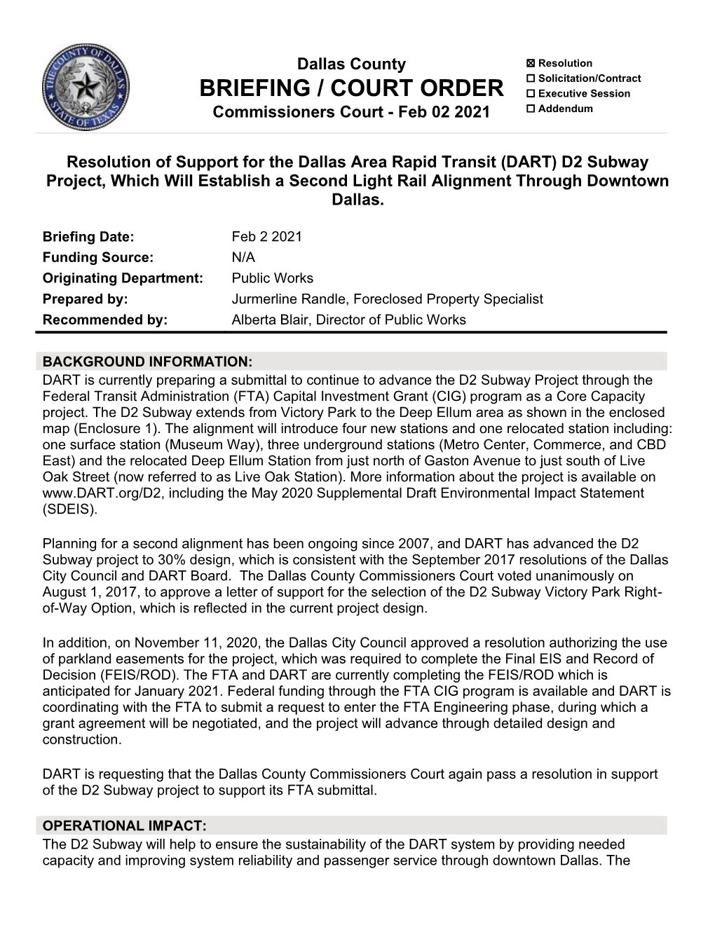 Resolution of Support for the Dallas Area Rapid Transit (DART) D2 Subway Project, Which Will Establish a Second Light Rail Alignment Through Downtown Dallas