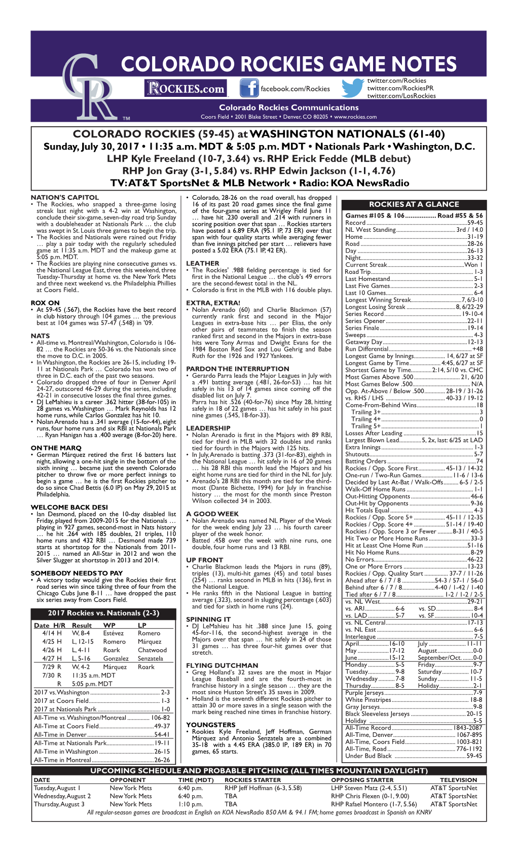 Colorado Rockies Game Notes