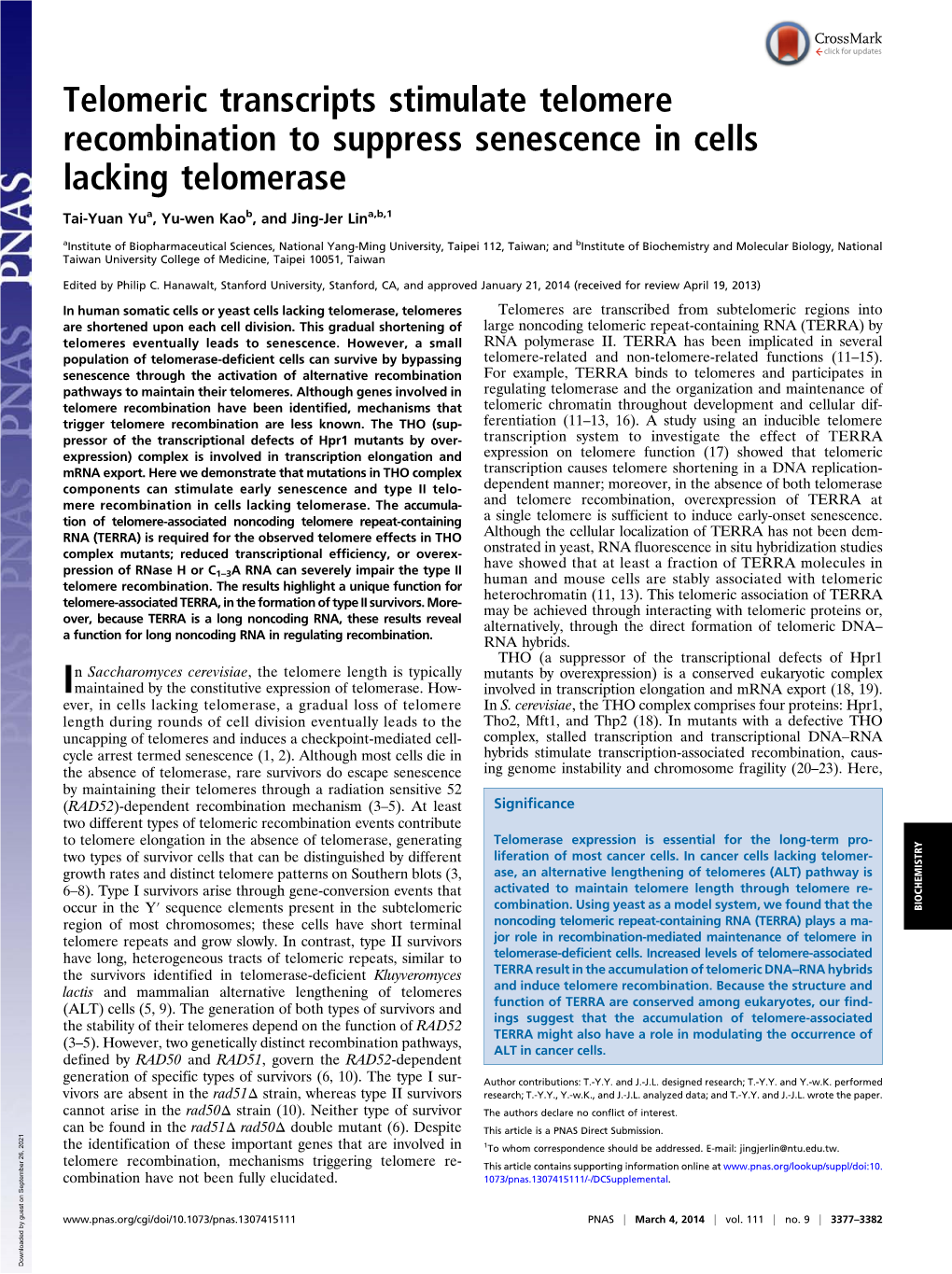 Telomeric Transcripts Stimulate Telomere Recombination to Suppress Senescence in Cells Lacking Telomerase