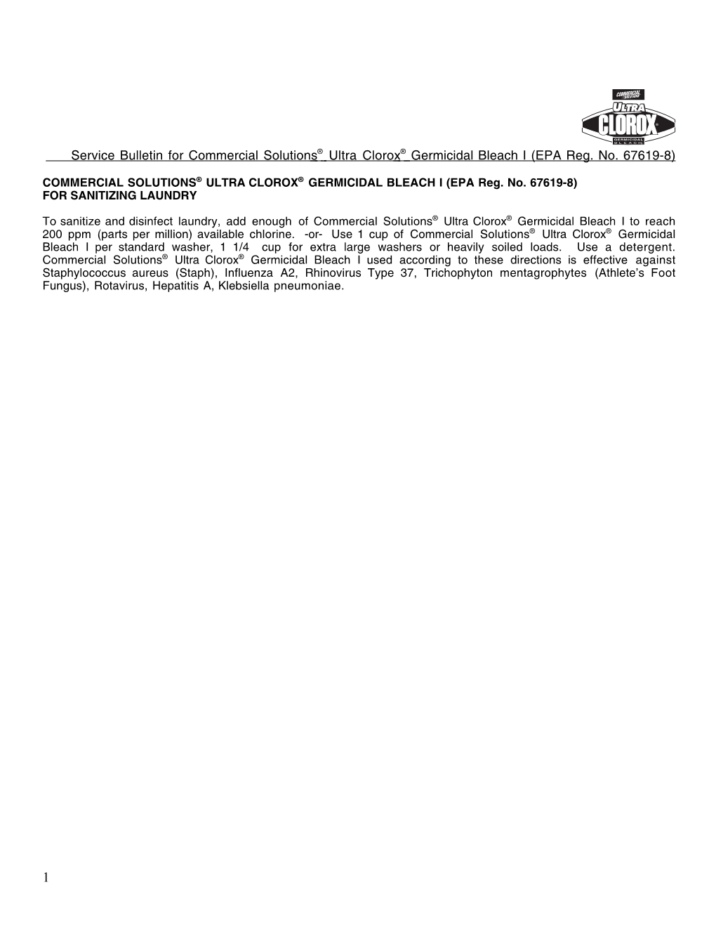 Service Bulletin for Commercial Solutions ® Ultra Clorox ® Germicidal Bleach I (EPA Reg