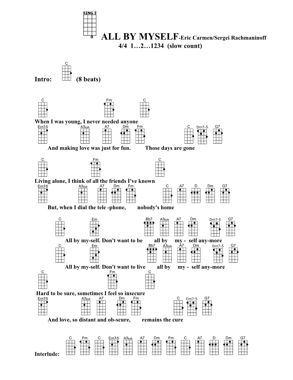 BY MYSELF-Eric Carmen/Sergei Rachmaninoff 4/4 1…2…1234 (Slow Count)