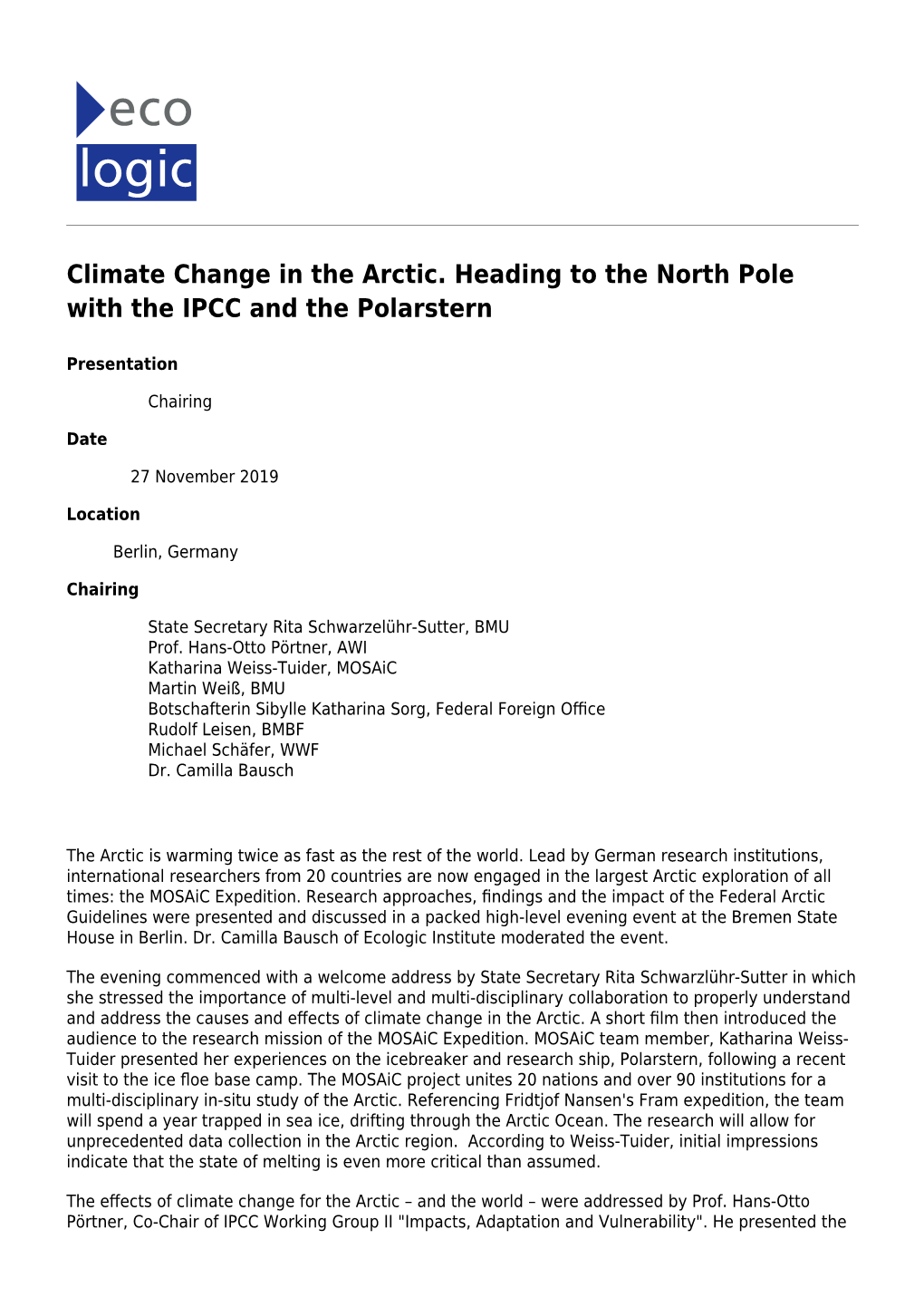 Climate Change in the Arctic. Heading to the North Pole with the IPCC and the Polarstern