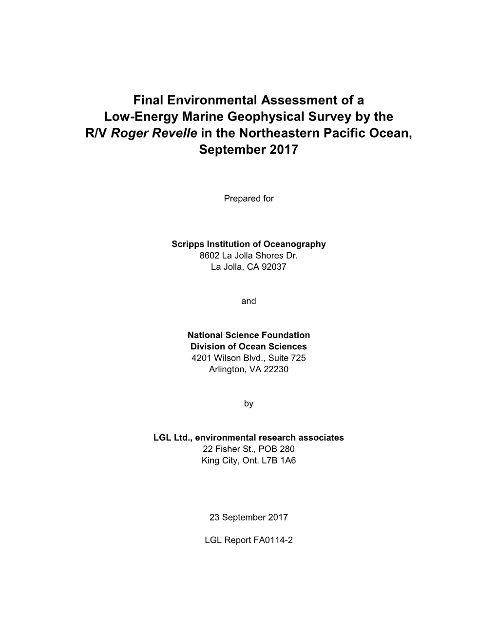 EA of Seismic Survey in the Northeastern Pacific