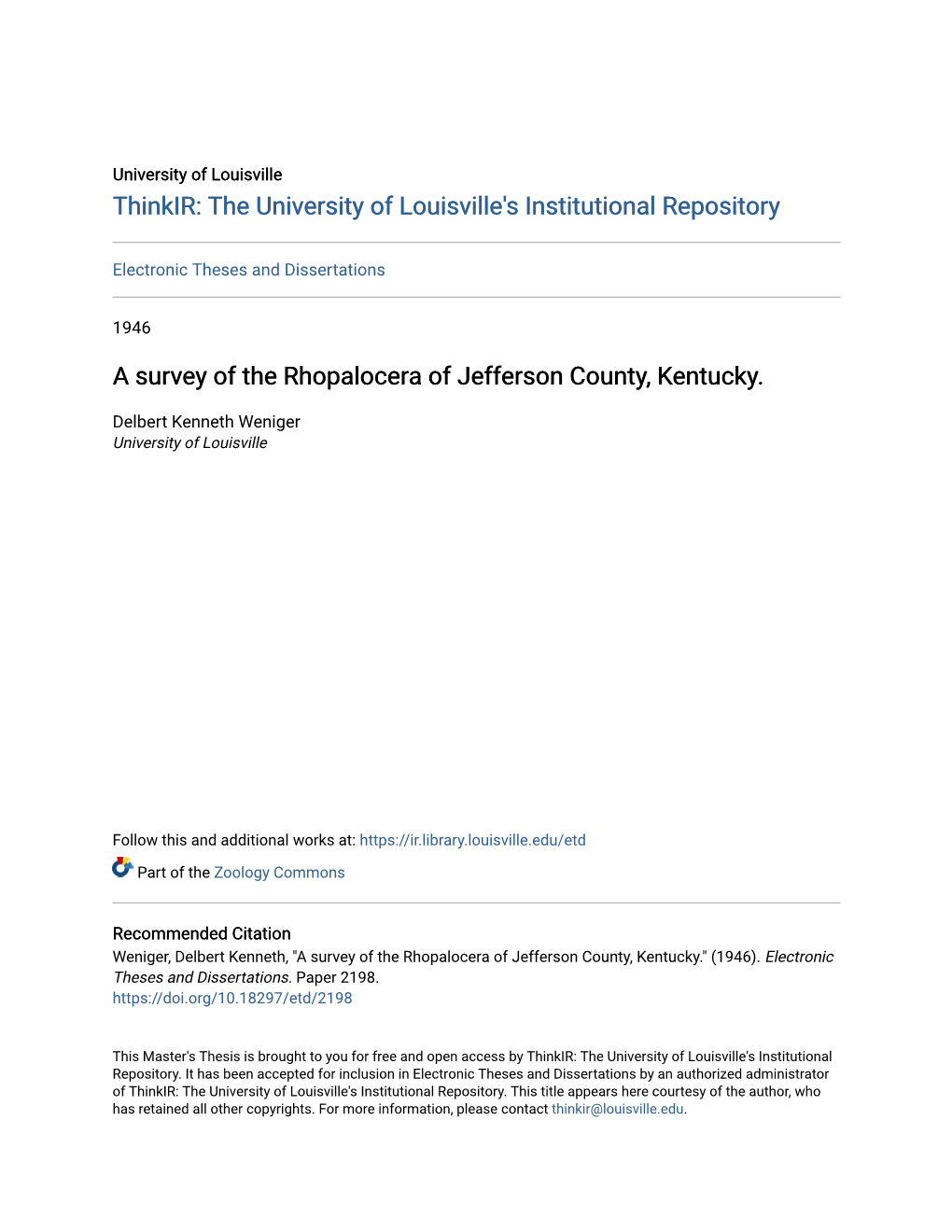 A Survey of the Rhopalocera of Jefferson County, Kentucky