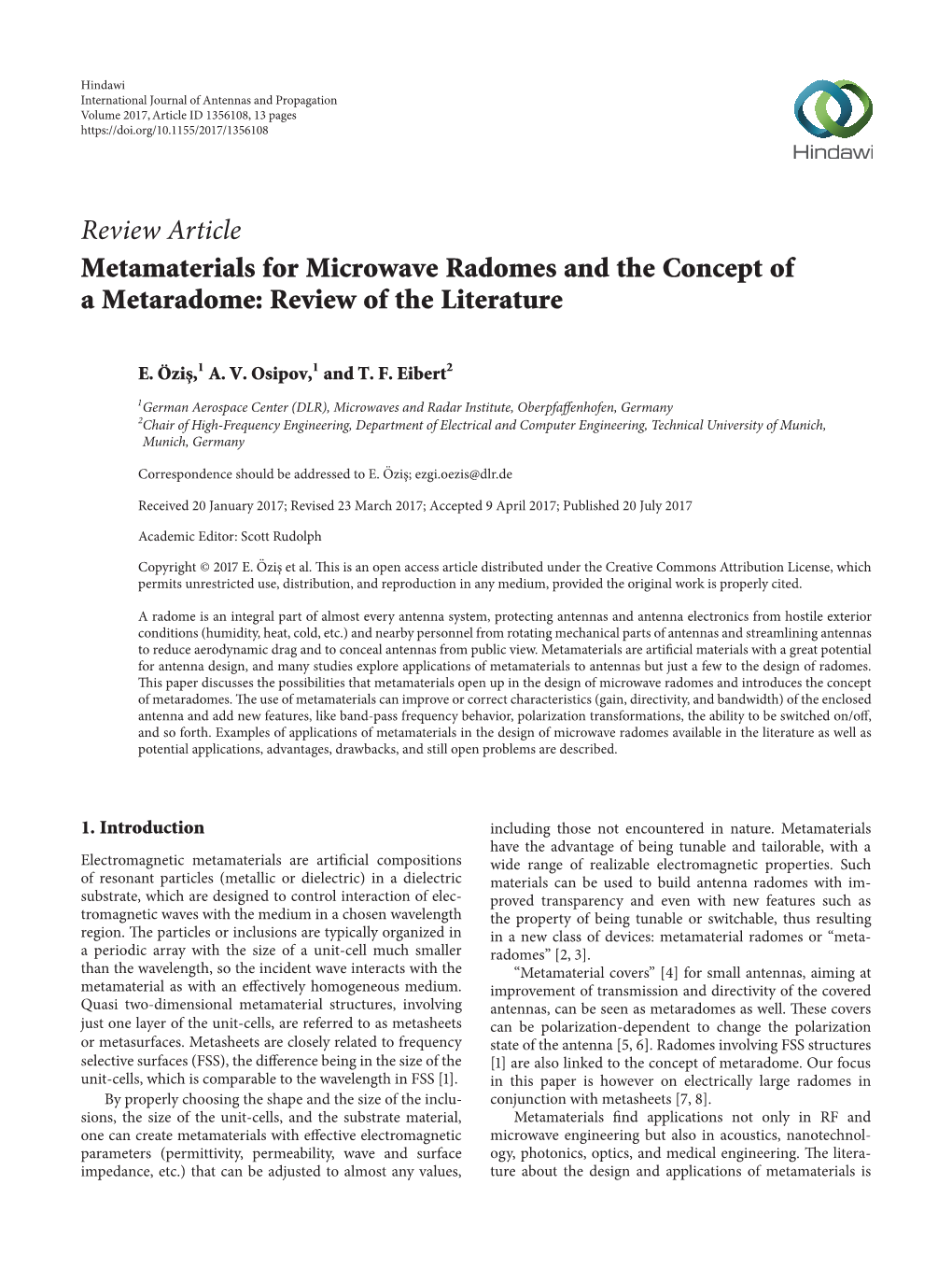 Review Article Metamaterials for Microwave Radomes and the Concept of a Metaradome: Review of the Literature