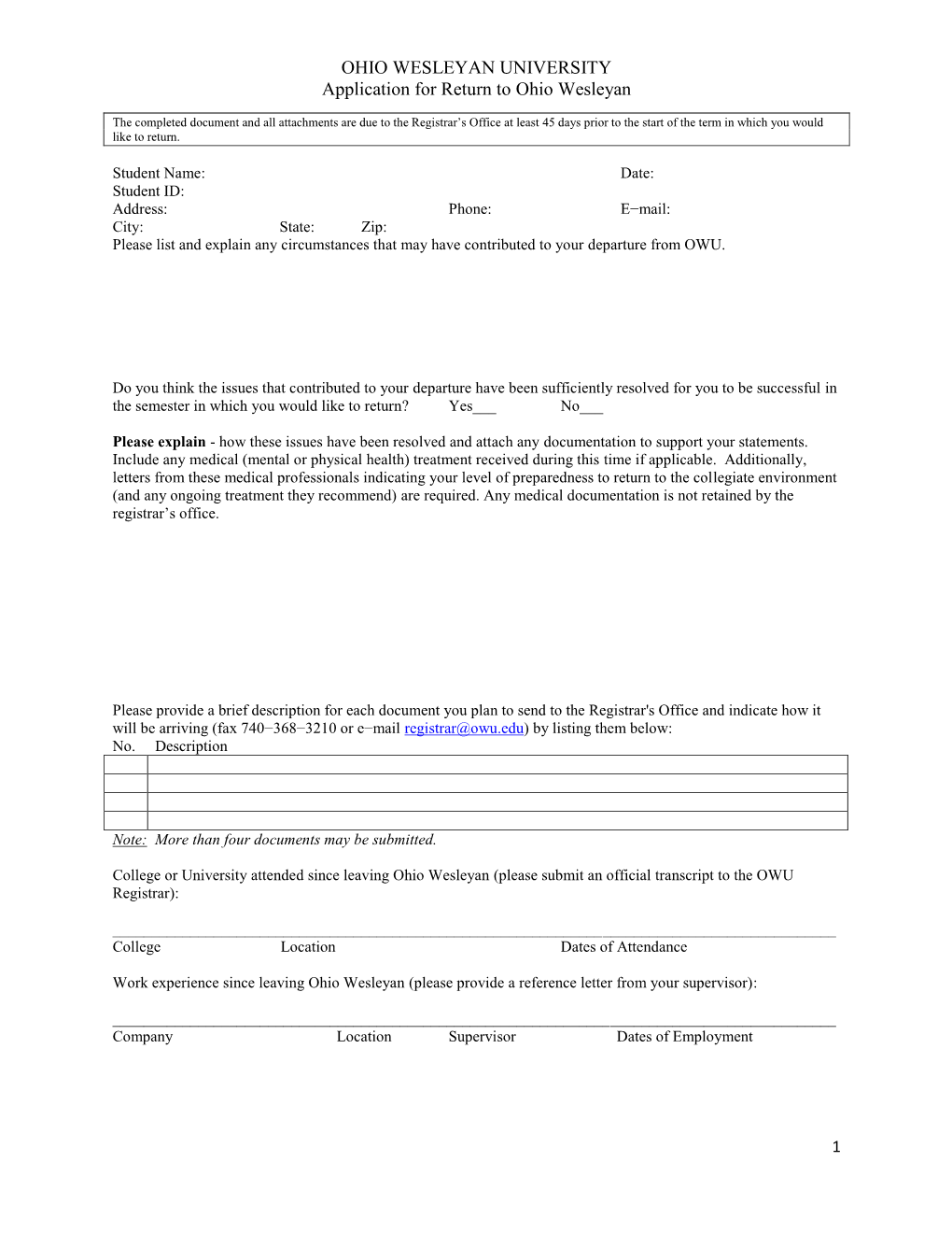 Application for Return to Ohio Wesleyan