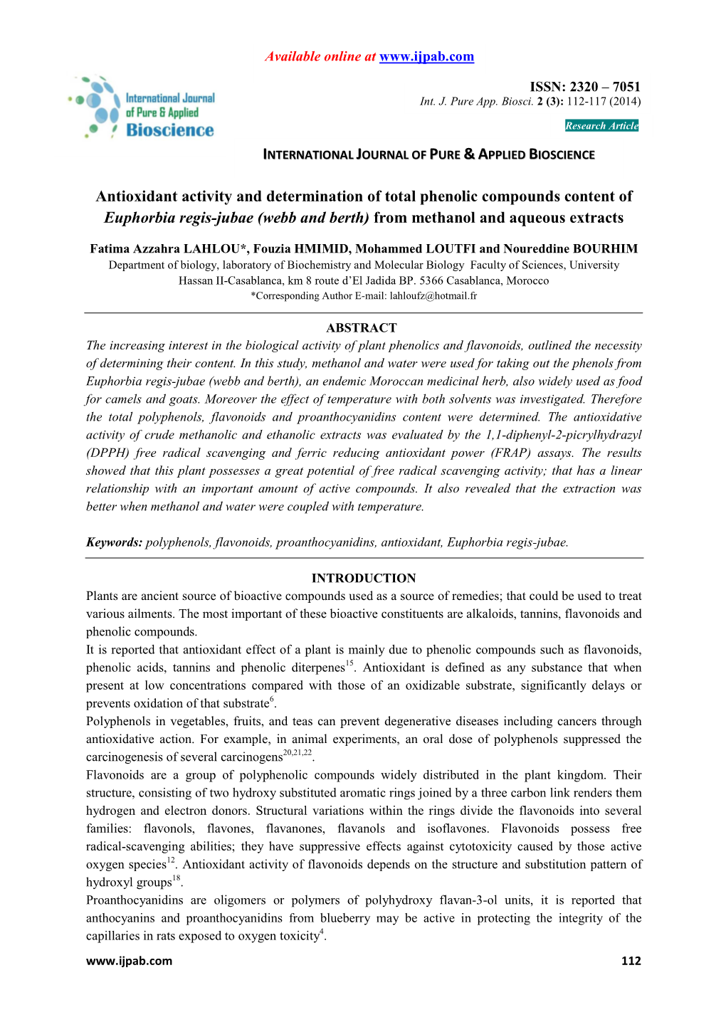 Antioxidant Activity and Determination of Total Phenolic Compounds Content of Euphorbia Regis-Jubae (Webb and Berth) from Methanol and Aqueous Extracts