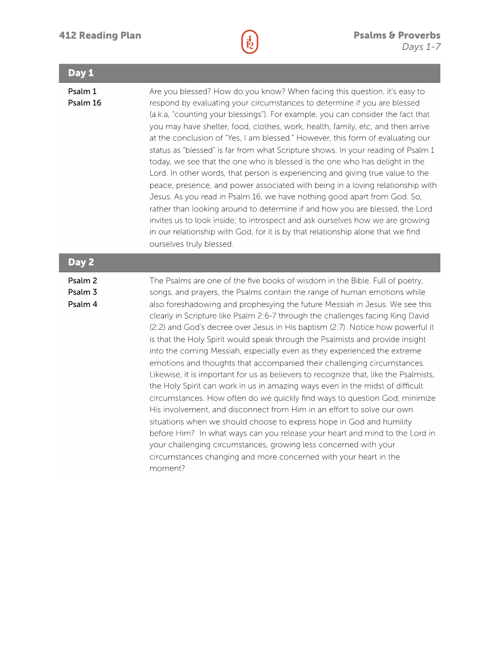 412 Reading Plan Psalms & Proverbs