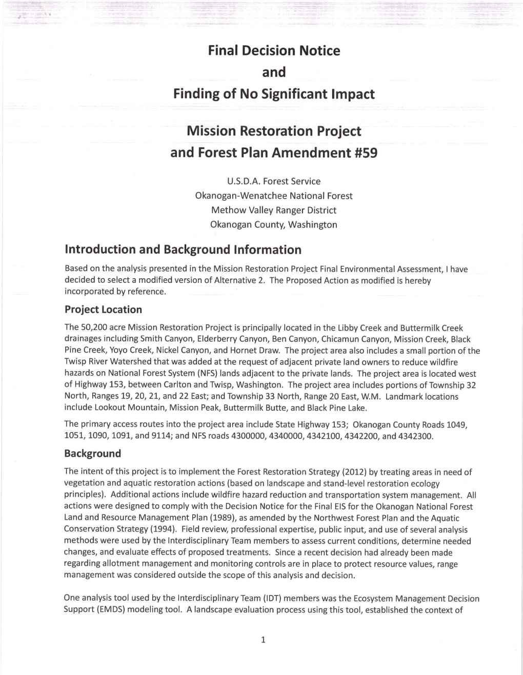 Decision Notice and Finding of No Significant Impact