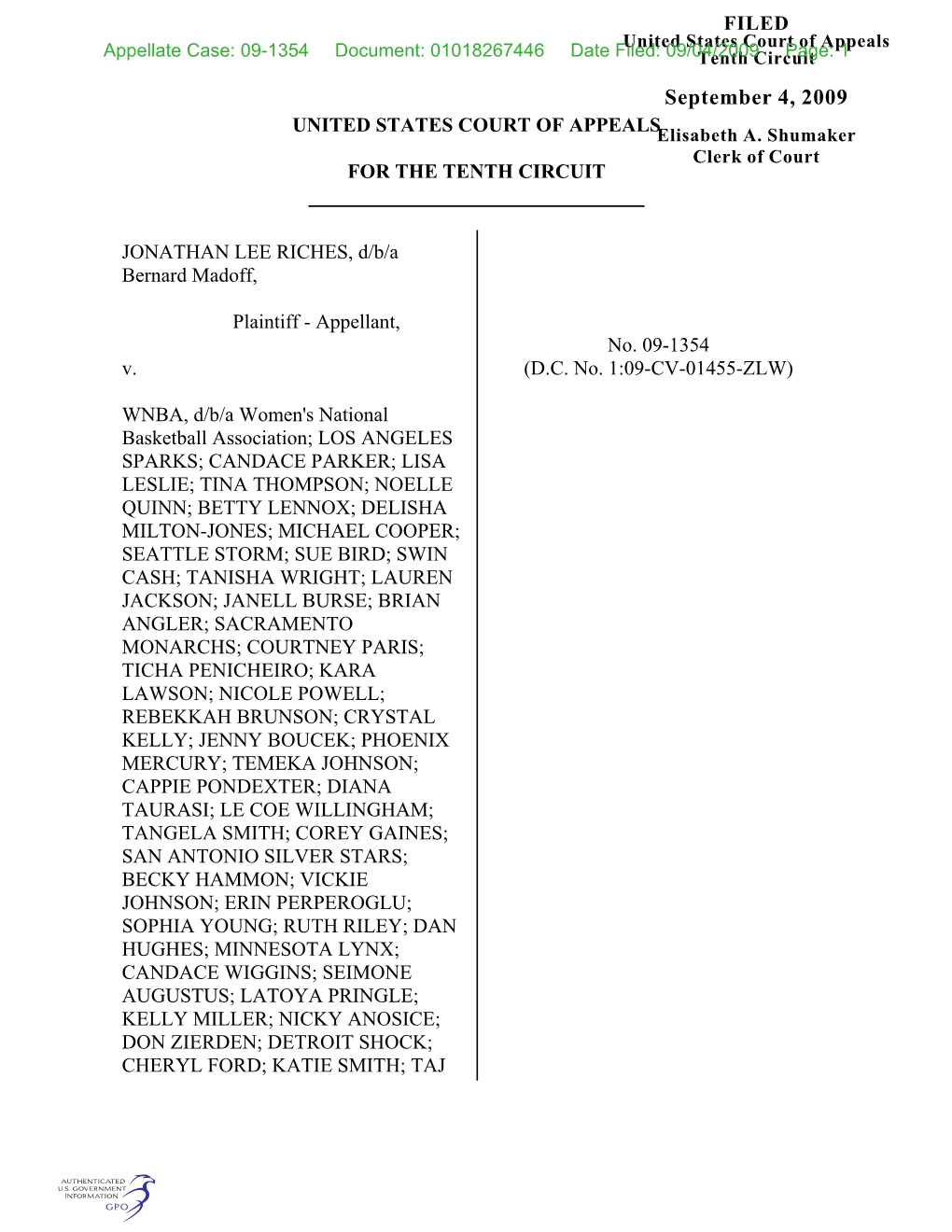 September 4, 2009 UNITED STATES COURT of APPEALS Elisabeth A