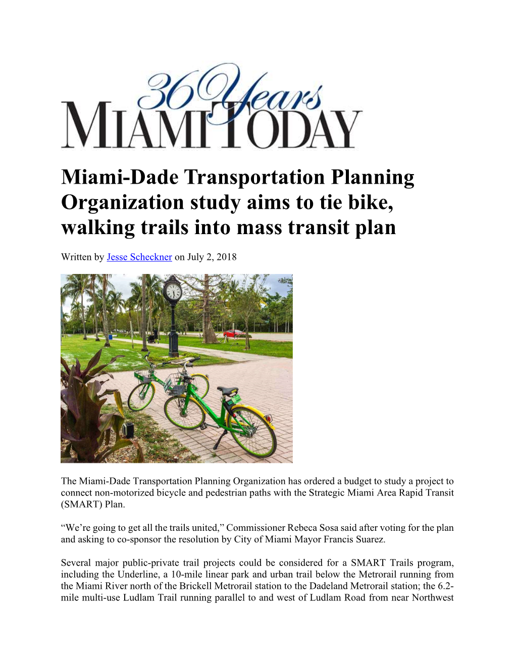 Miami-Dade Transportation Planning Organization Study Aims to Tie Bike, Walking Trails Into Mass Transit Plan
