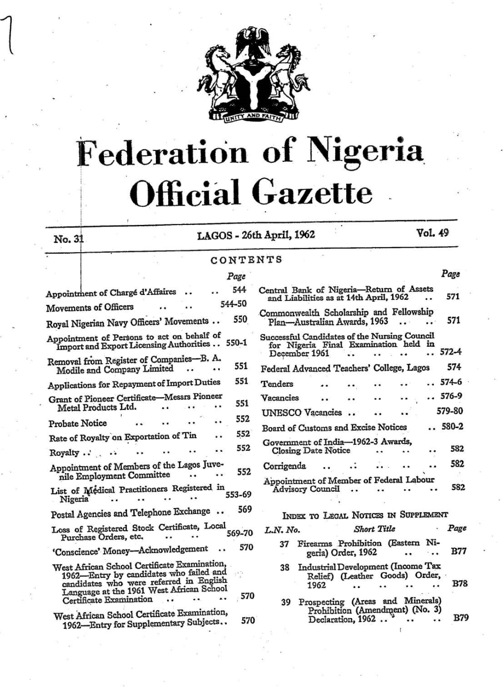 Federation of Nigeria Official Gazette . ” = Vol